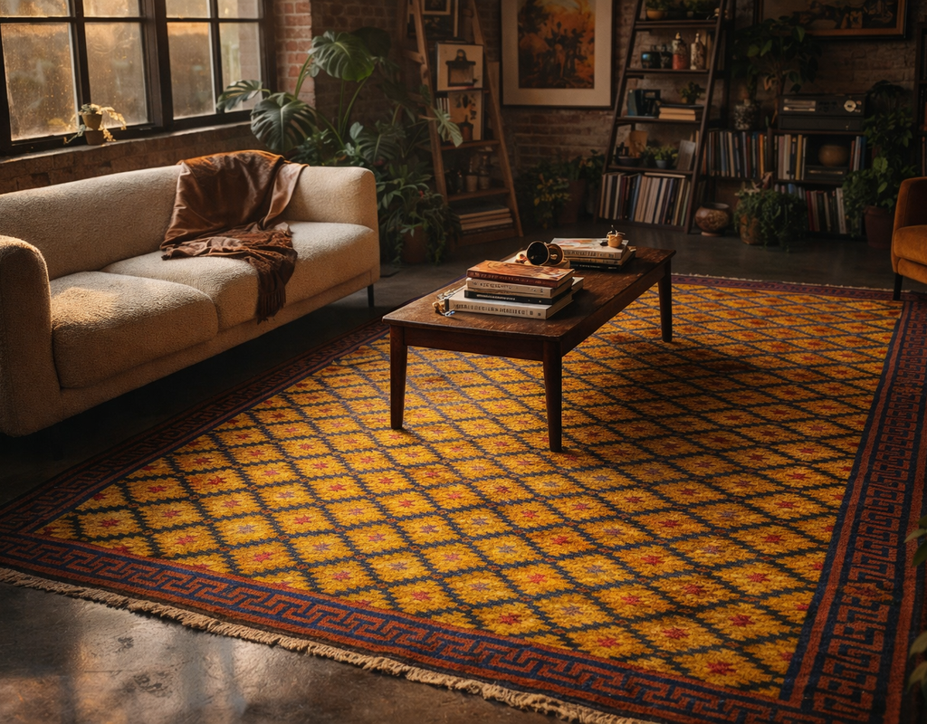 Warm, bohemian living room with a large, richly colored geometric rug and a cozy boucle sofa. By rugs on net
