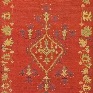 Bold Red Field Antique Tribal Geometric Open Field Medallion Turkish Oushak Rug by Rugs On Net