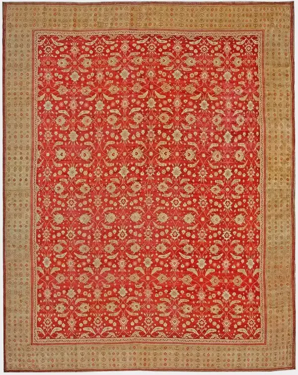 Brilliant red color allover design antique large room size indian agra rug by rugs on net