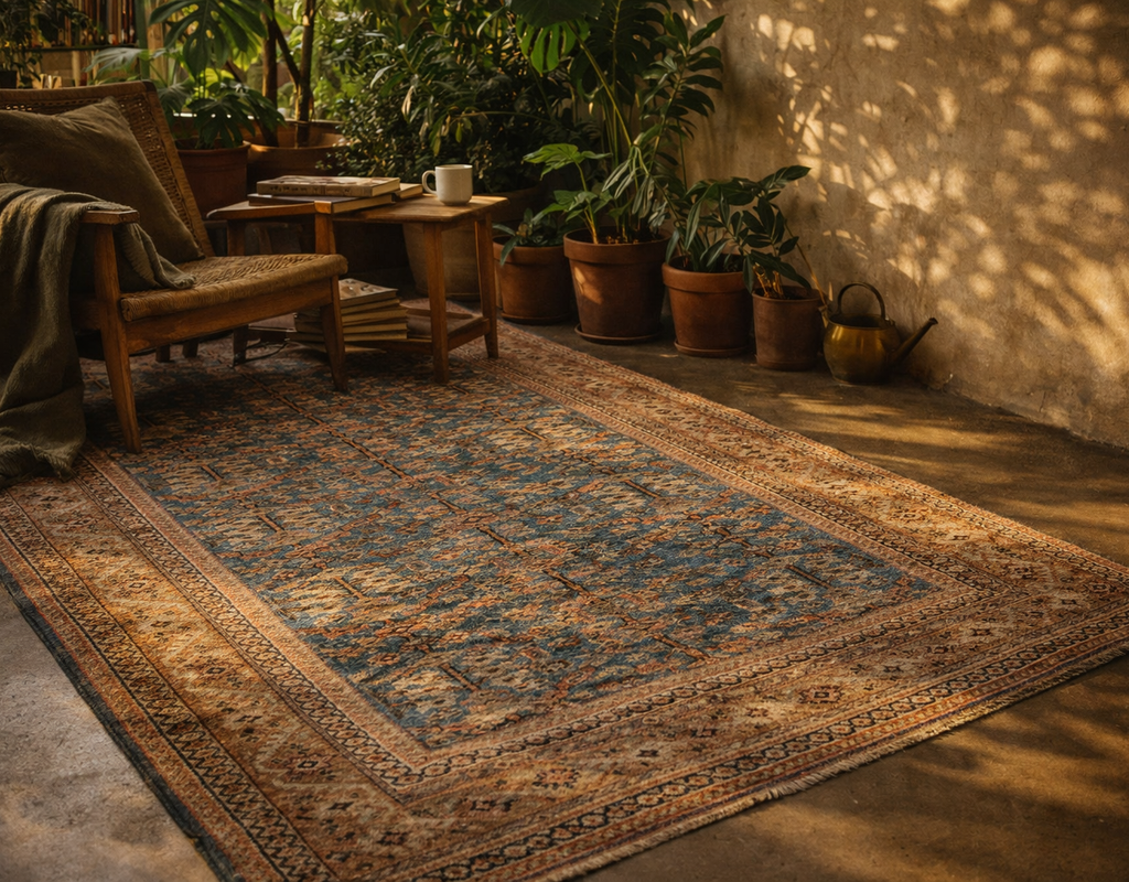 An antique-style area rug in blue and rust tones anchors a cozy reading nook filled with plants. By rugs on net