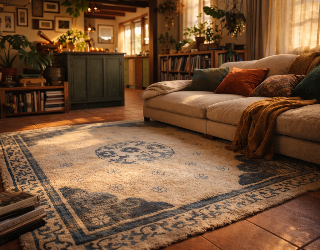 A cozy living area featuring a cream and blue patterned rug, a beige sectional sofa, and warm, natural lighting. By rugs on net