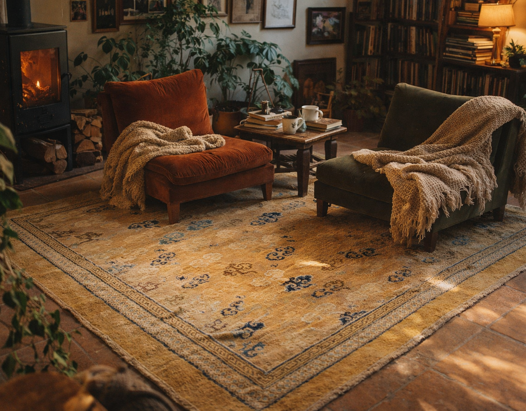 Cozy reading nook with two plush chairs, a wood stove, and a vintage golden yellow area rug with blue accents. By rugs on net