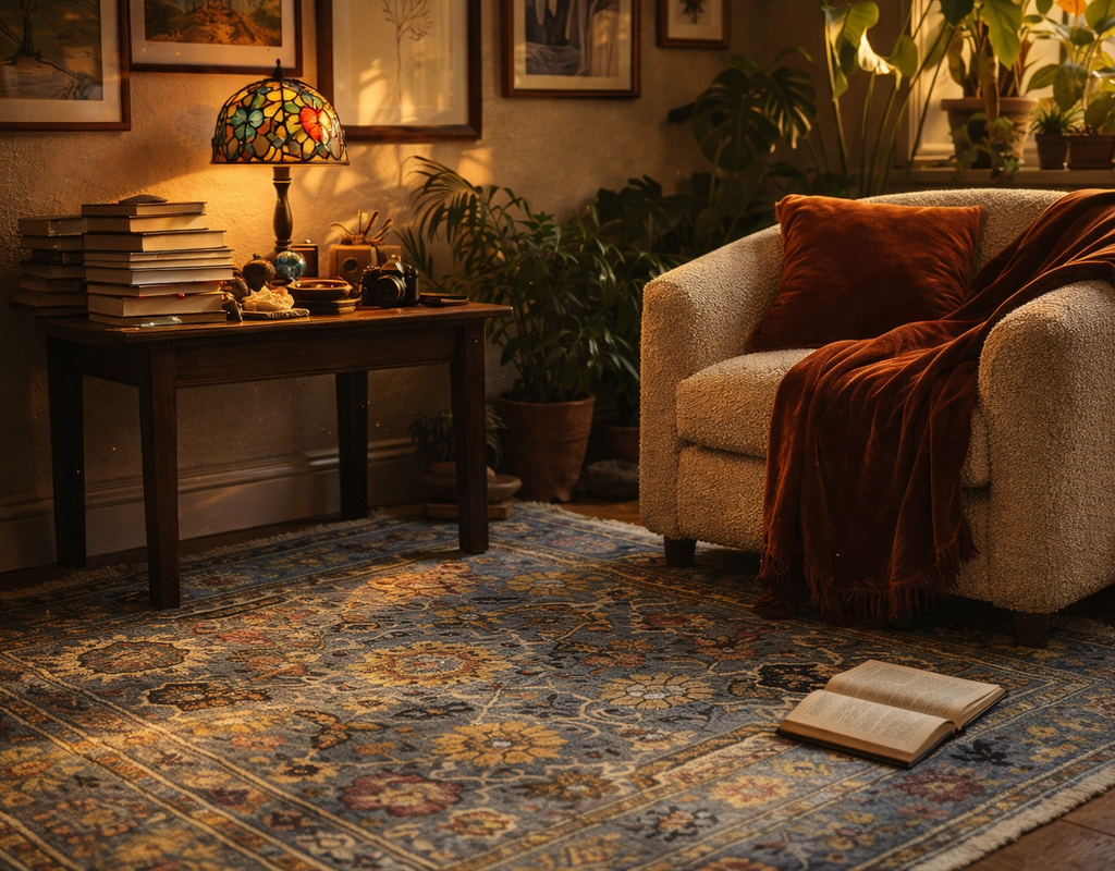 Cozy reading nook with a patterned blue and gold area rug, a textured armchair, and a warm tiffany-style lamp. By rugs on net