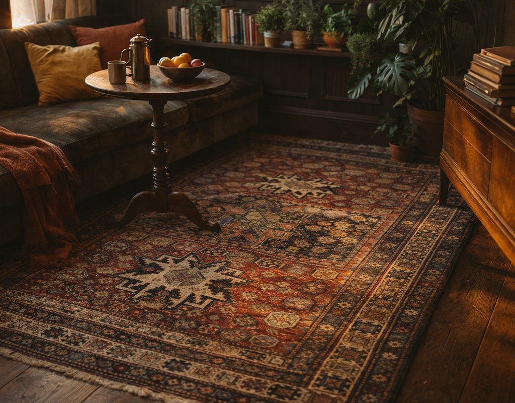 A dimly lit cozy room featuring a dark, traditional persian rug with rich red and navy tones. By rugs on net