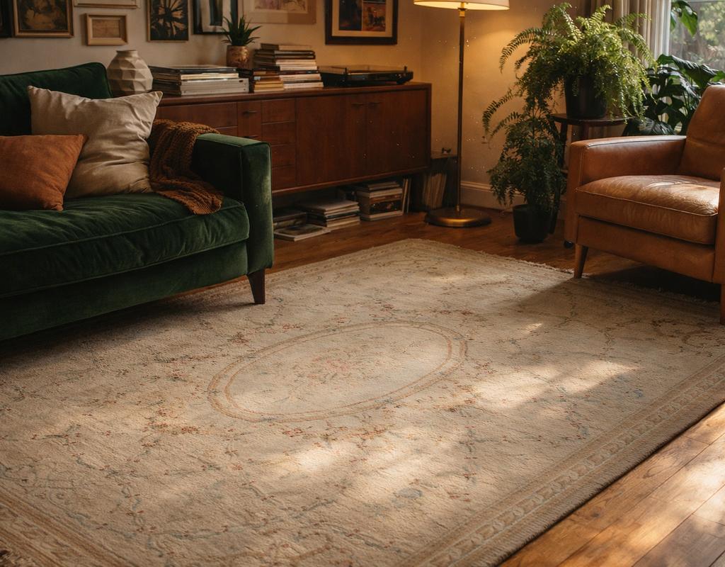 A vintage-style cream oriental rug anchors a cozy living room featuring a green velvet sofa and leather armchair. By rugs on net