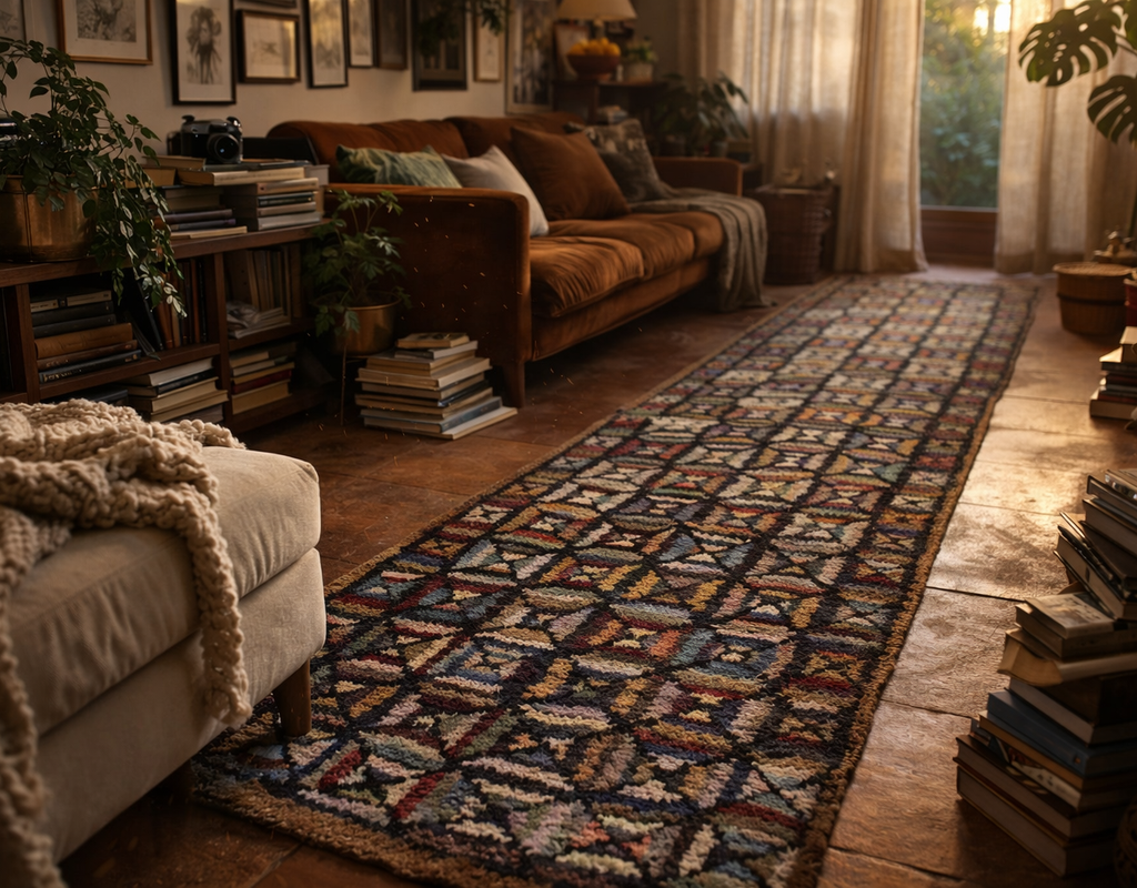 A long, colorful geometric runner rug anchors a cozy living room with a burnt orange velvet sofa. By rugs on net