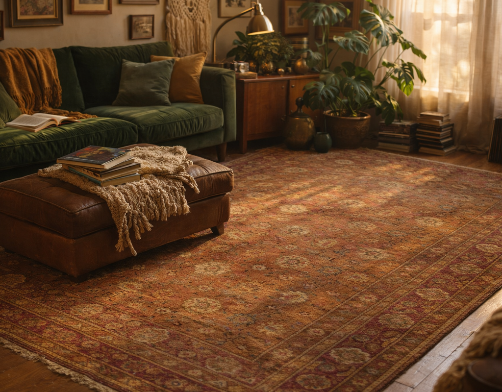 Cozy living room with a green velvet sofa, leather ottoman, and large antique-style oriental rug. Allover designs by rugs on net