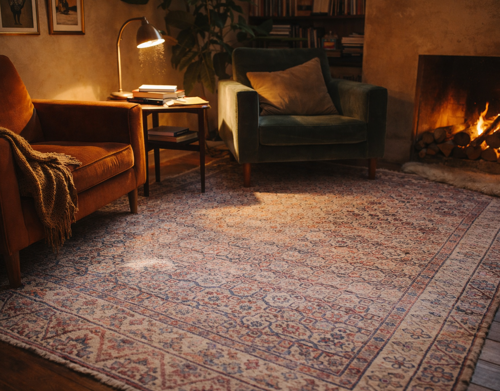 Cozy reading nook with velvet armchairs, a lit fireplace, and a traditional patterned rug. By rugs on net