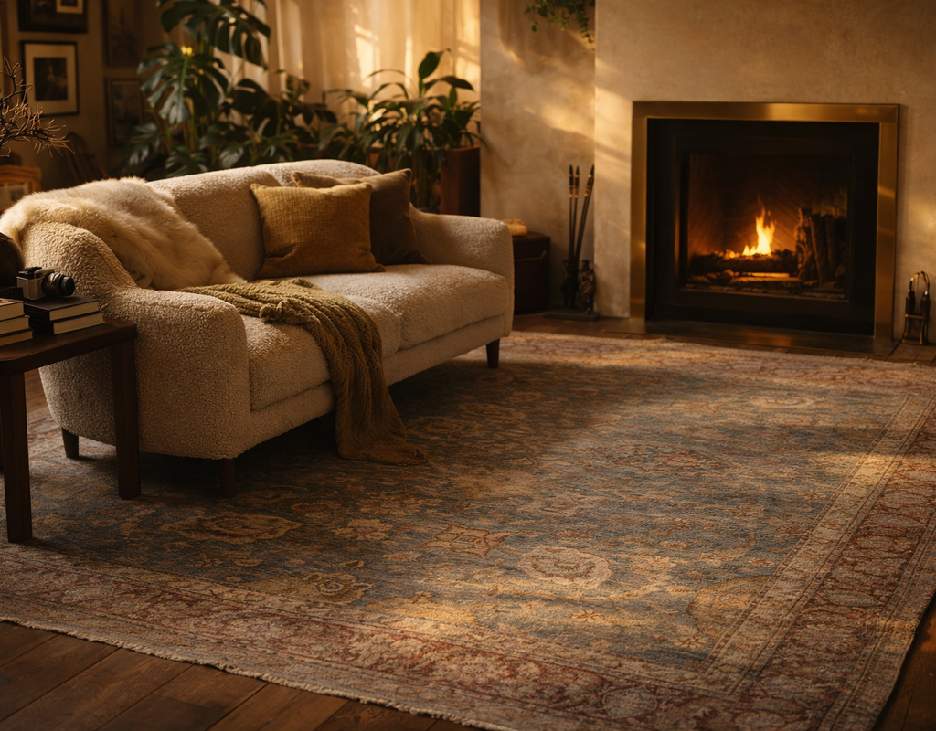 Cozy living room with a plush sofa, roaring fireplace, and large distressed traditional islimi design rug in blue and rust tones. By rugs on net