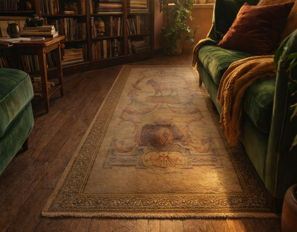 A long, faded tapestry-style rug with central animal motif laid on dark wood floors in a cozy library. By rugs on net