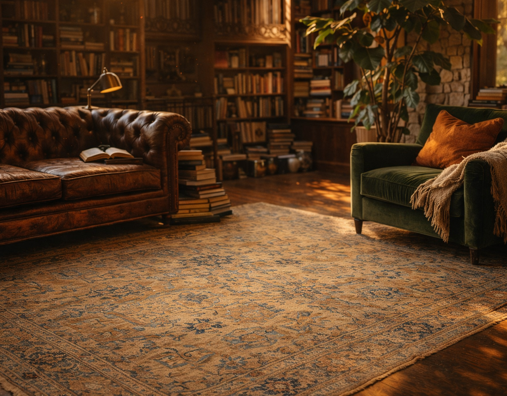 Warm library setting with a brown chesterfield sofa, green armchair, and a faded traditional area rug. By rugs on net