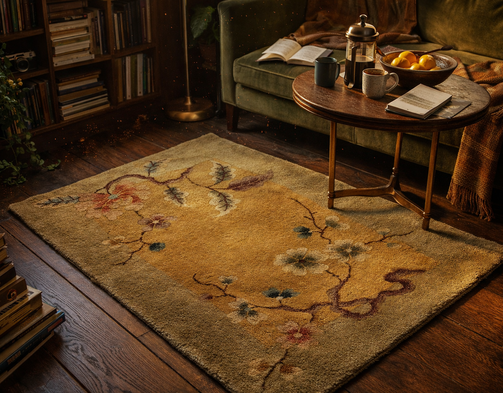 Cozy library corner with a golden floral rug, dark wood floors, and a green velvet sofa. By rugs on net
