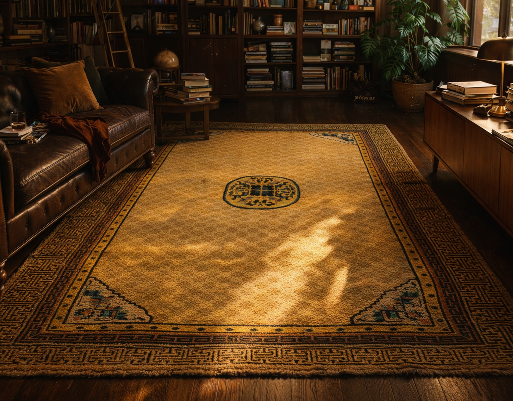 A golden-yellow oriental-style rug with dark borders anchors a cozy, dimly lit library with a leather sofa. By rugs on net