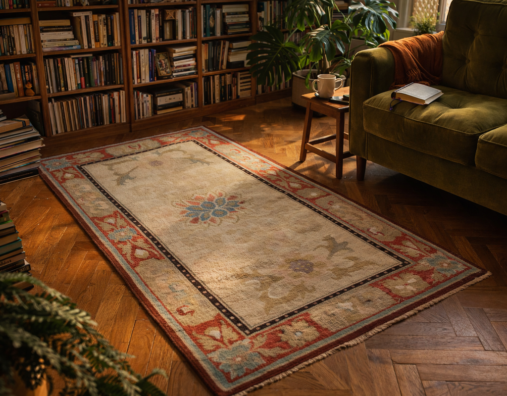 A light-colored traditional rug with floral motifs anchors a cozy library corner with a green sofa and wooden floors. By rugs on net