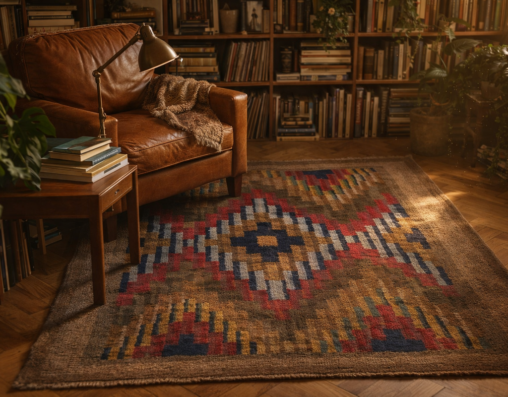 A cozy reading nook featuring a leather armchair, a side table with books, and a southwestern patterned rug on a wood floor. By rugs on net