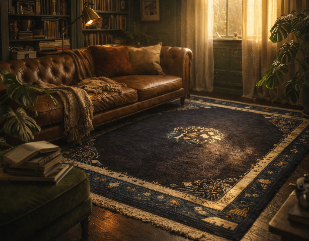 Dark blue area rug with gold and cream border in a warmly lit, cozy library-style room. By rugs on net