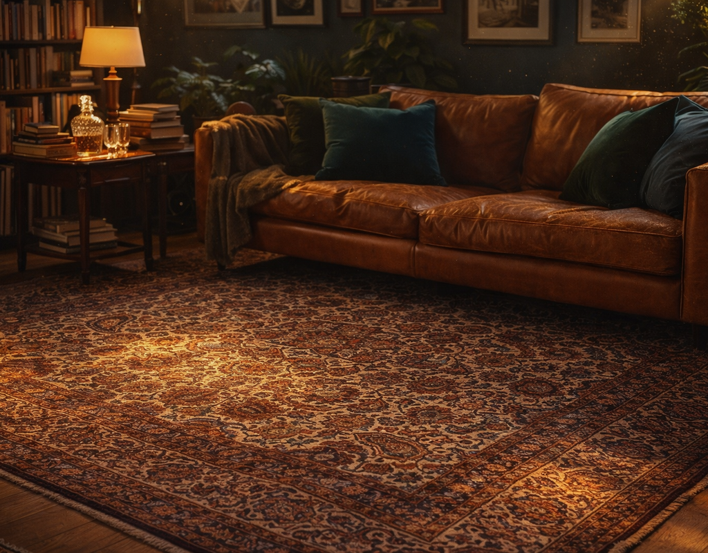 A warmly lit room featuring a traditional oriental rug with paisley patterns under a rich brown leather couch. By rugs on net