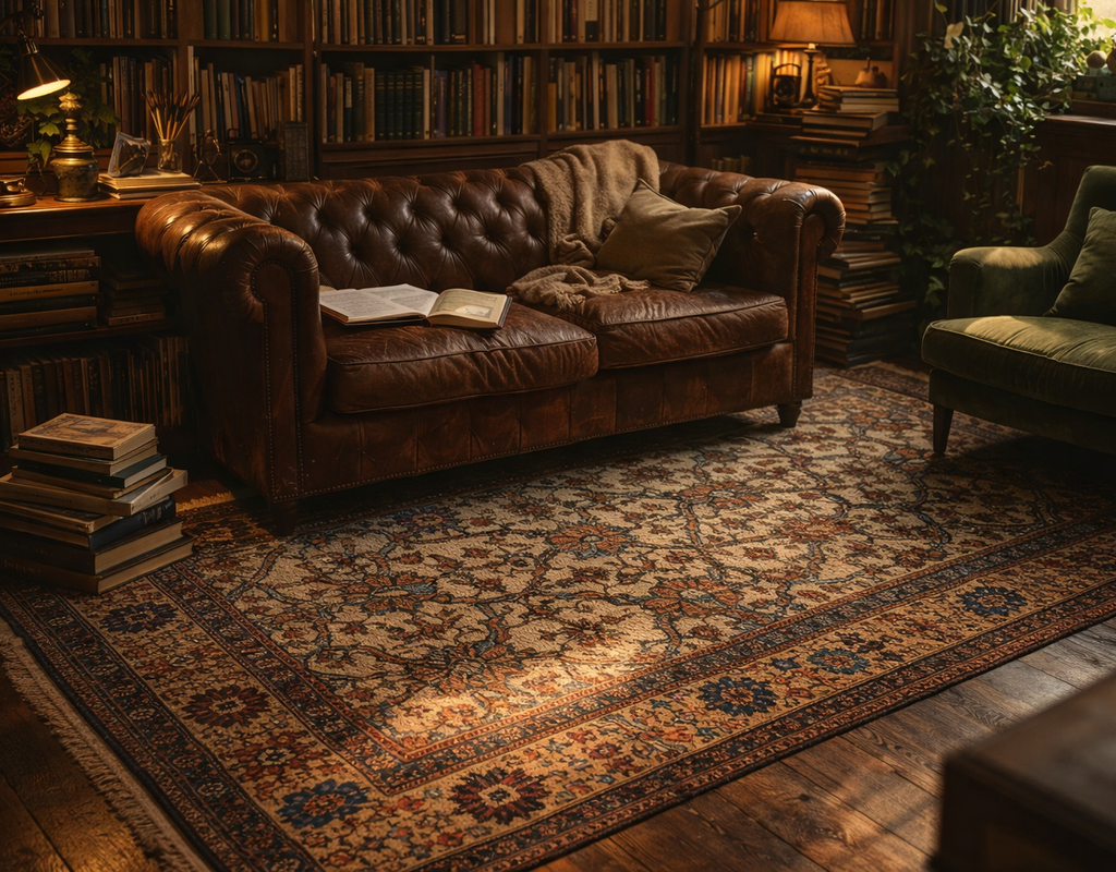 Cozy library with a tufted brown leather sofa, a green armchair, and an ornate traditional area rug. By rugs on net