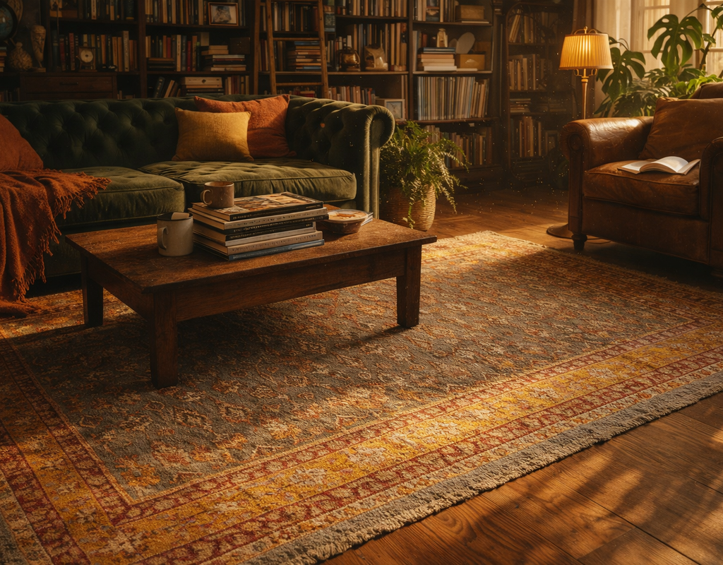 Cozy library scene with a vintage-style rug featuring yellow and red borders over wood floors. By rugs on net
