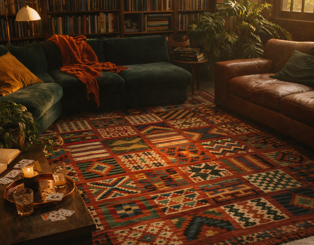 Cozy library living room featuring a patchwork kilim rug with deep orange and teal tones beside plush seating. By rugs on net
