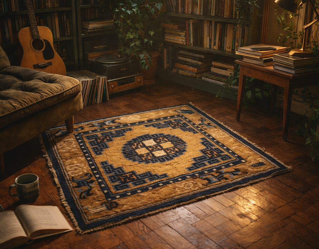 A small, richly colored geometric rug in mustard yellow and navy blue sits on a dark wood floor in a cozy library setting. Polka dot design by rugs on net