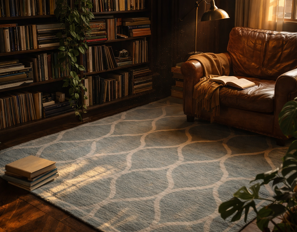 Cozy reading nook featuring a brown leather armchair, tall bookshelves, and a light blue geometric rug. By rugs on net