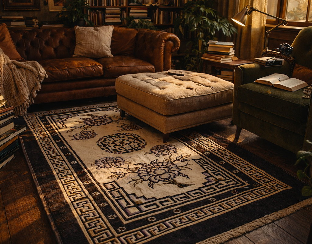 Cozy library nook with a vintage-style rug featuring dark floral and geometric borders. By rugs on net