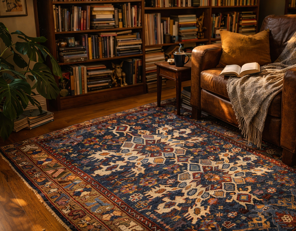 A richly patterned, dark blue and beige traditional area rug anchors a cozy reading nook with a leather armchair. By rugs on net