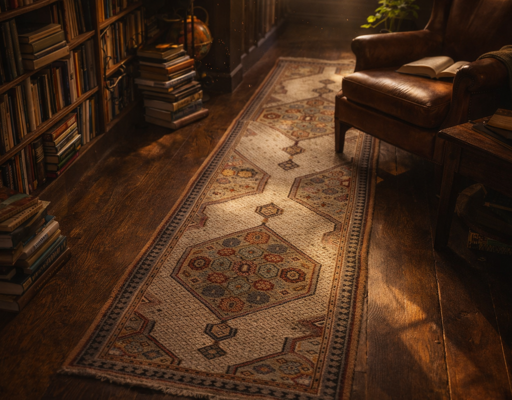 A long runner rug with geometric patterns sits on dark wood flooring next to a leather armchair in a dimly lit library. By rugs on net