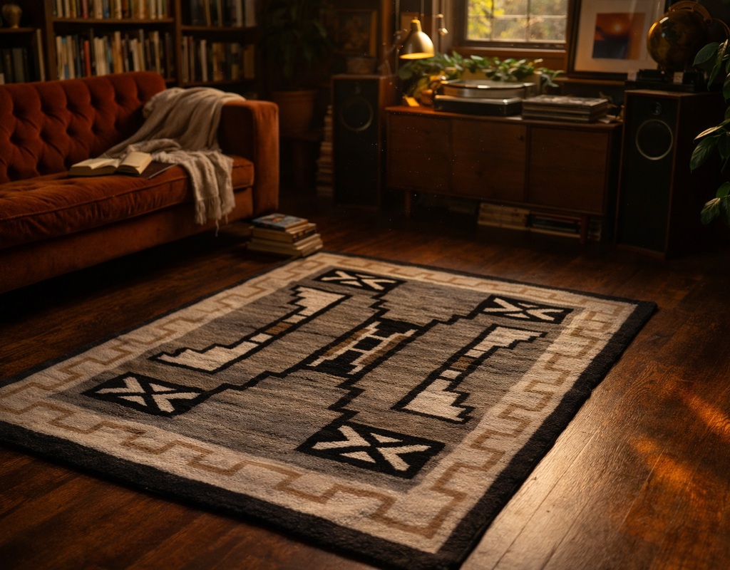 Southwestern geometric patterned rug in gray and black on a dark wood floor in a cozy library. By rugs on net
