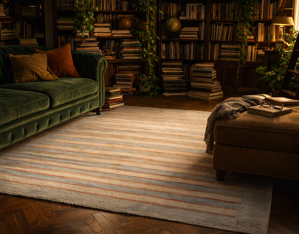 Cozy library interior with a striped rug, a green velvet chesterfield sofa, and a brown ottoman. By rugs on net