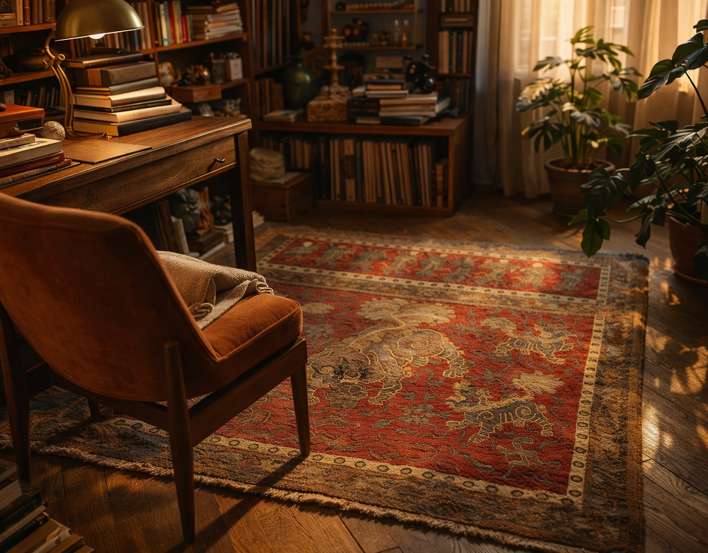 A richly decorated, red oriental rug sits on a dark wood floor in a cozy home library setting. By rugs on net