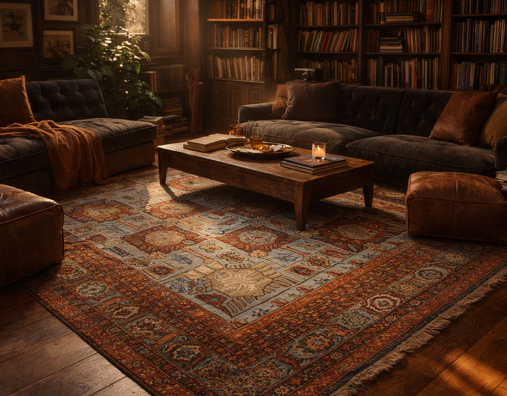 A richly colored, traditional area rug anchors a cozy, dimly lit library living room with dark furniture. By rugs on net