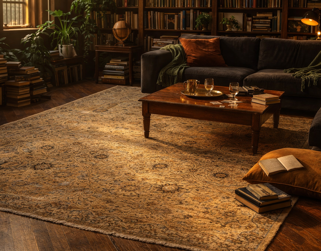 Cozy library setting with a large, faded oriental rug, dark sofa, and rich wood furniture under warm light. By rugs on net