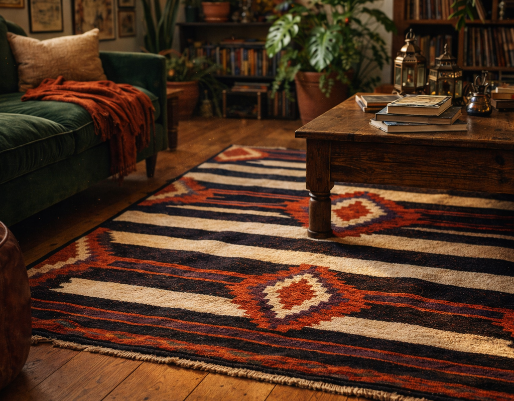 Kilim-style rug with black, cream, and orange geometric patterns anchors a cozy living room with dark wood and green velvet. By rugs on net