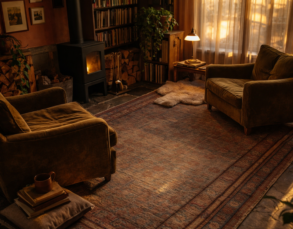 Cozy reading nook with two plush armchairs, a wood-burning stove, and a vintage patterned rug. Pomegranate design by rugs on net