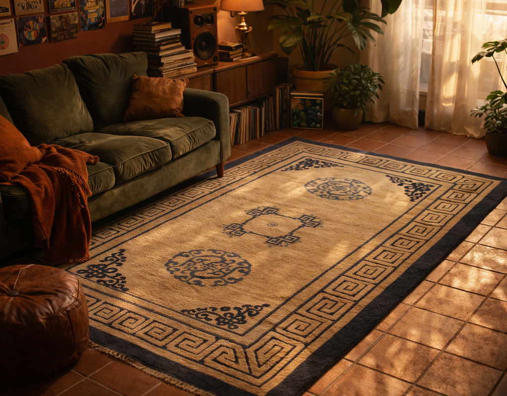 A beige and navy blue rug with geometric and circular motifs anchors a cozy living space with a green velvet sofa. By rugs on net