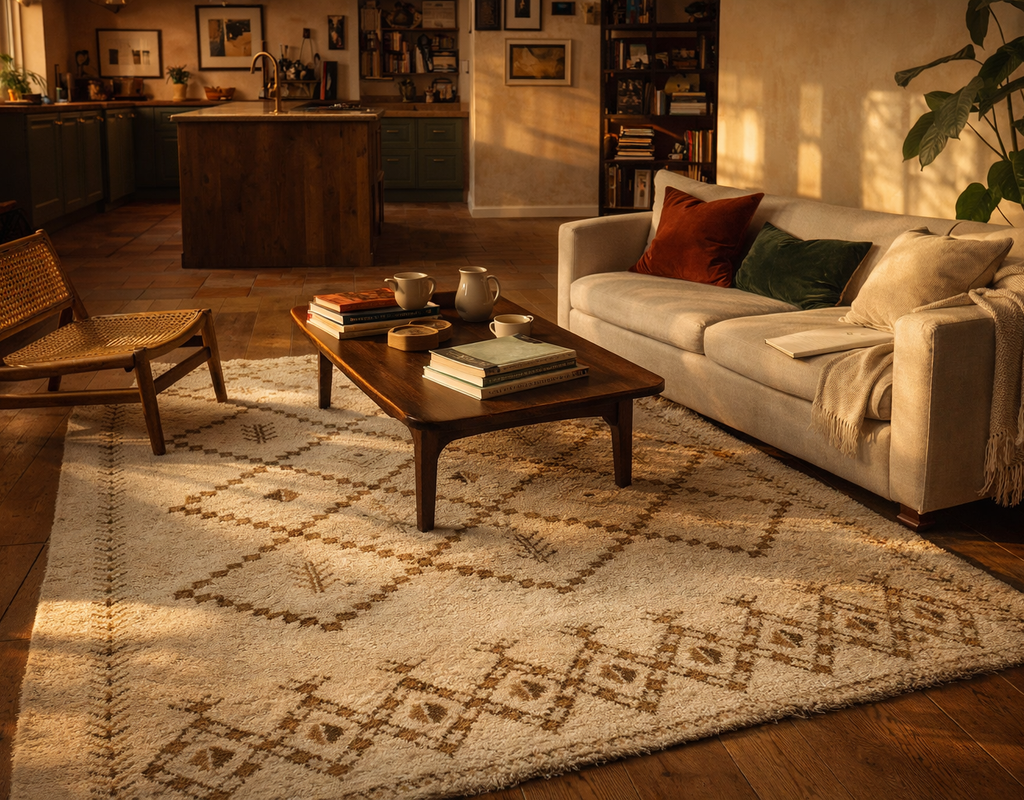 Cozy living area with a moroccan style cream and brown geometric rug, a light sofa, and warm sunlight. By rugs on net