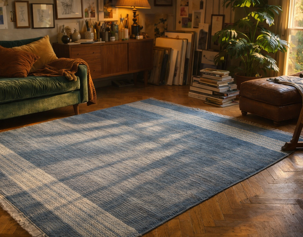 A blue textured area rug on a herringbone wood floor, illuminated by soft afternoon sunbeams in a cozy room. By rugs on net
