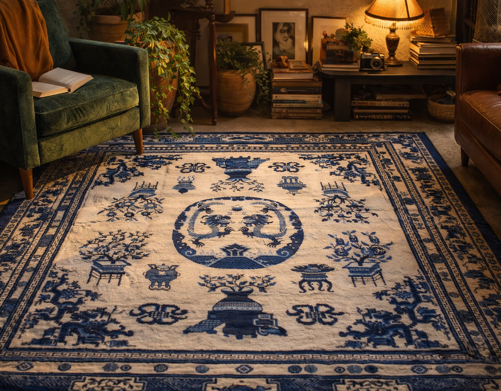 A close-up of a cream and blue chinoiserie style rug featuring dragons and floral motifs in a warmly lit, cozy room. By rugs on net