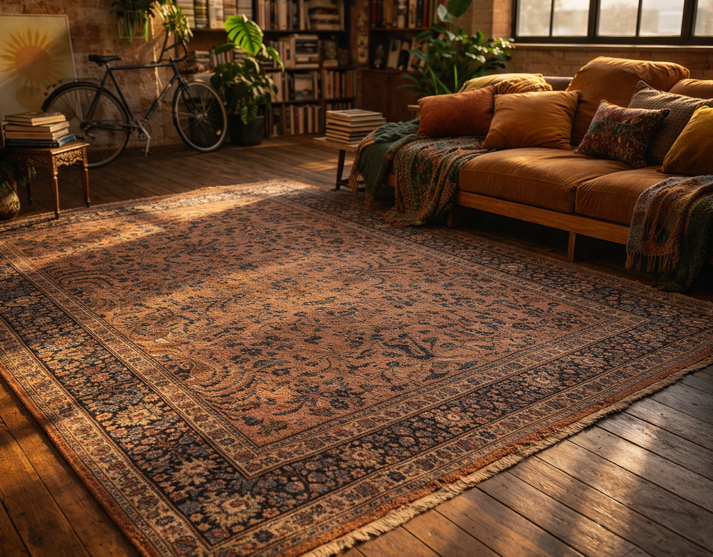 A large, antique-style rug with burnt orange and navy patterns anchors a cozy living space with warm lighting. By rugs on net