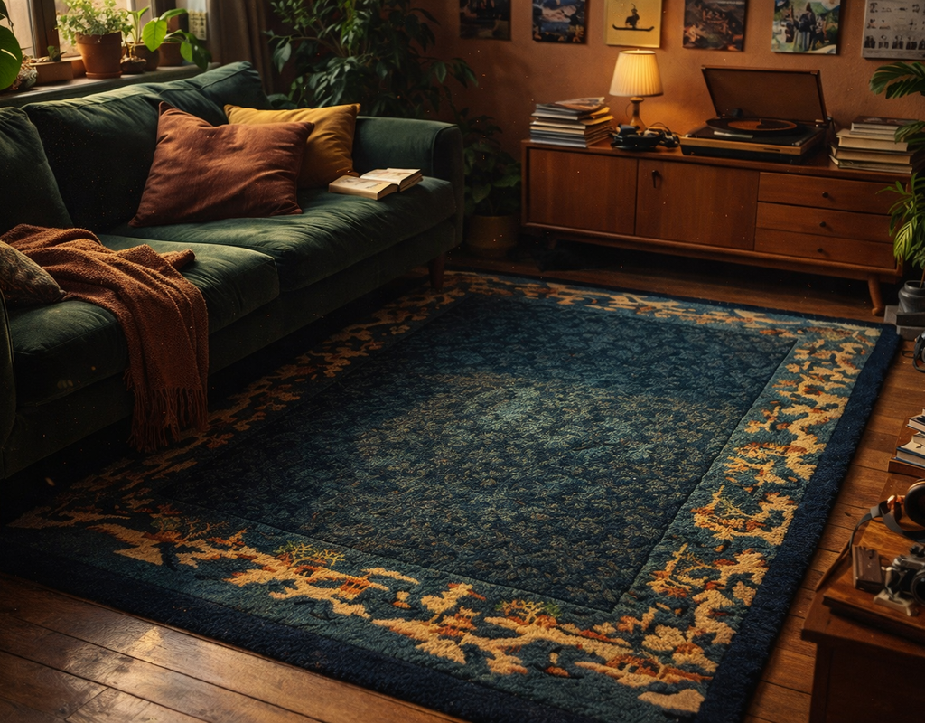 A plush, deep blue area rug with a contrasting tan and orange border anchors a cozy living room scene. By rugs on net