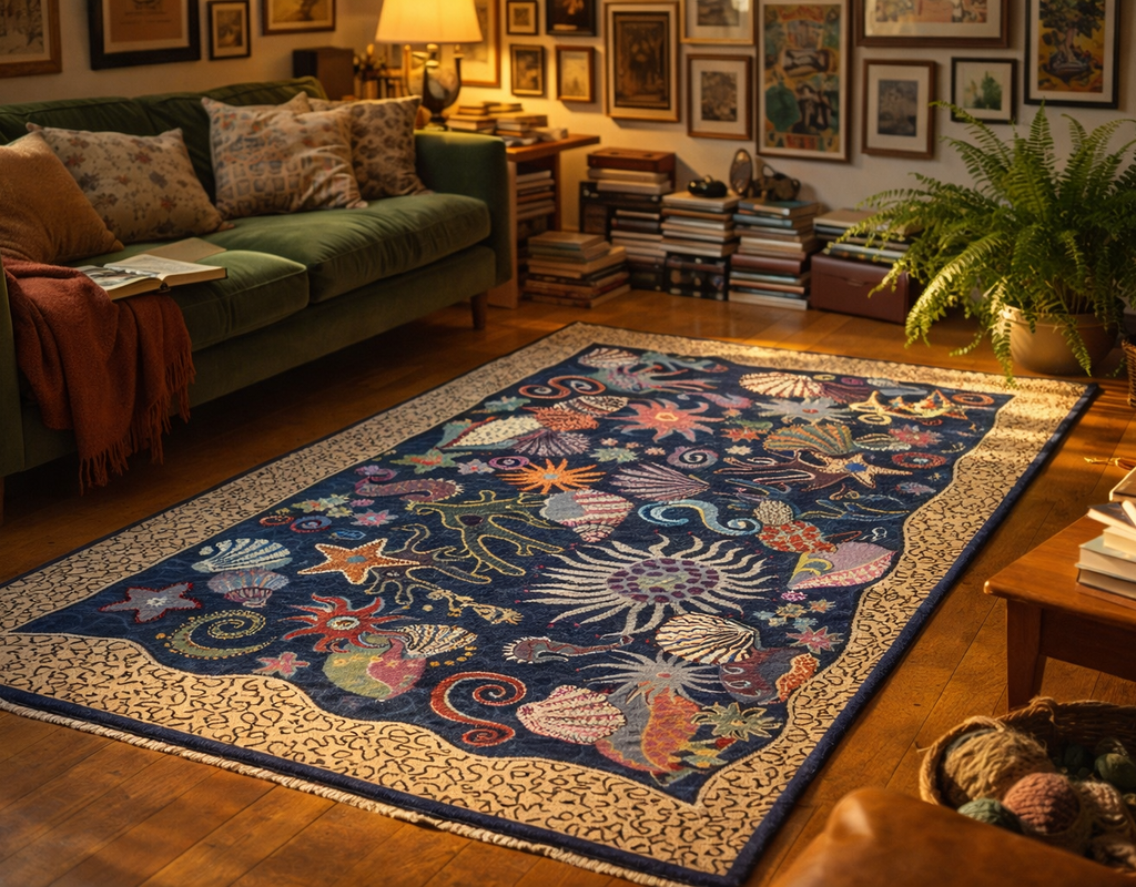 A vibrant, dark blue area rug featuring colorful, stylized sea life on a hardwood floor in a cozy room. By rugs on net