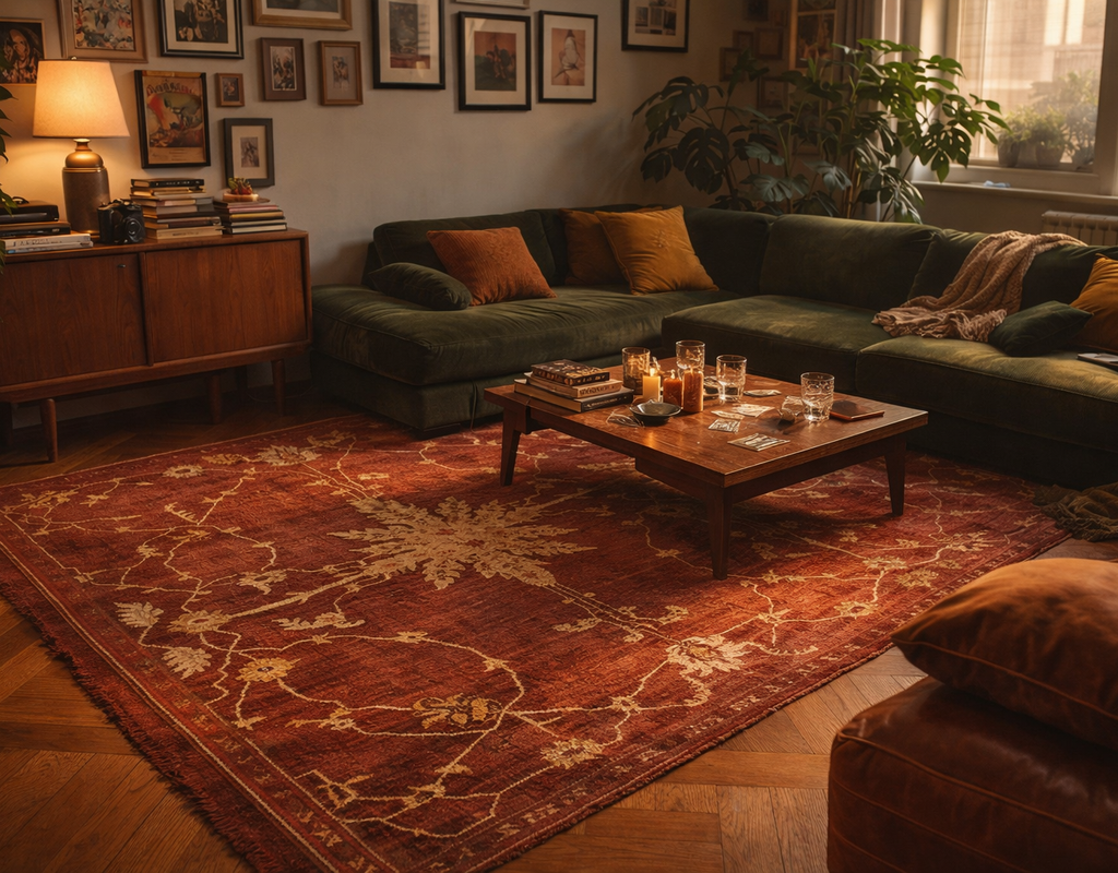 A cozy living room featuring a deep red, distressed oriental rug with light gold floral patterns under a dark wood coffee table. By rugs on net