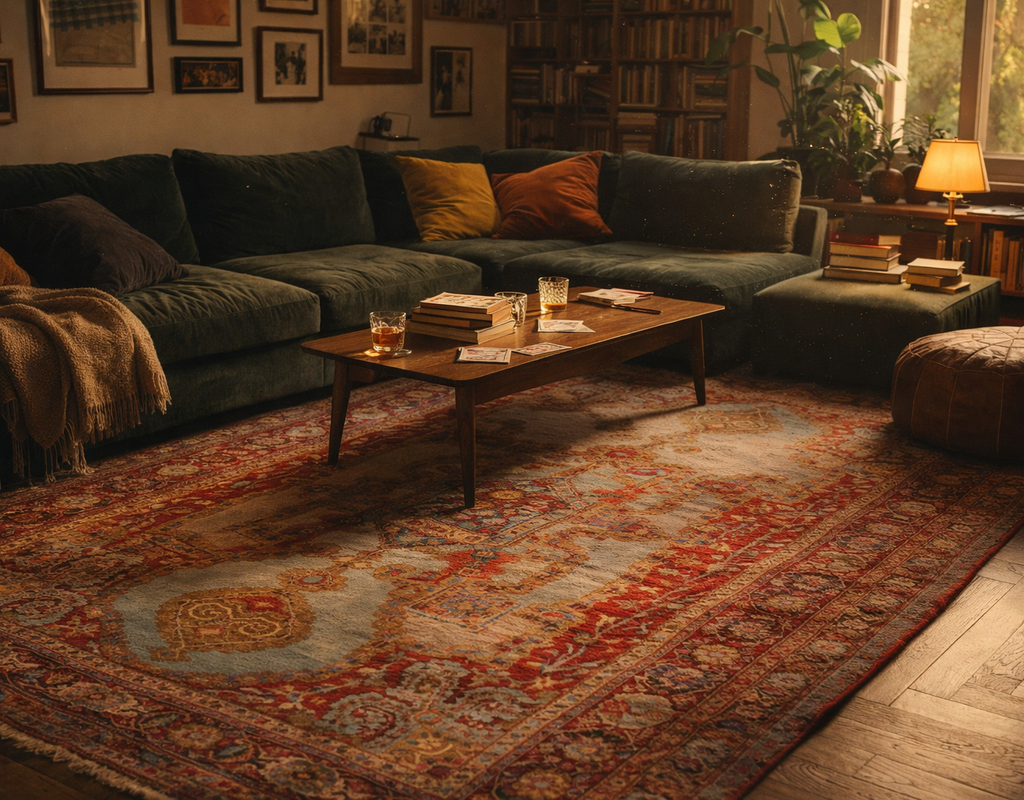 Cozy living room with a large green sectional sofa, dark wood coffee table, and a distressed traditional area rug. By rugs on net