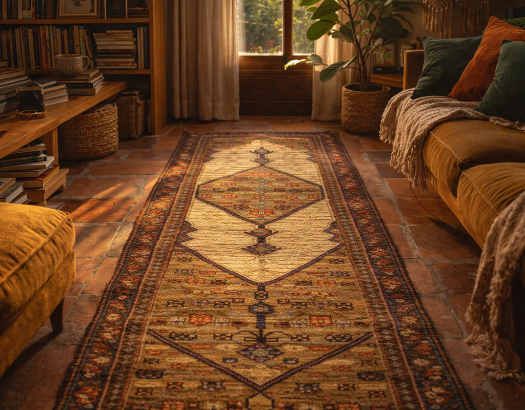 Long runner rug with geometric patterns in warm tones on a terracotta floor in a cozy living room. By rugs on net