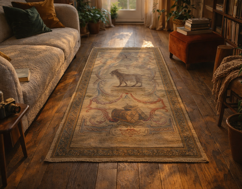 A vintage-style runner rug featuring a goat motif centered on warm, dark hardwood floors in a cozy room. By rugs on net