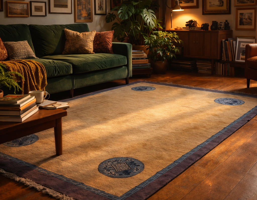 A golden-toned rug with blue medallion accents anchors a cozy living room with a green velvet sofa. By rugs on net