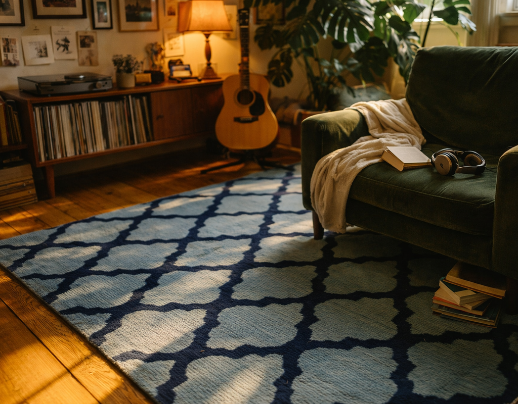 A light blue and navy geometric lattice rug anchors a cozy living space with a green armchair. By rugs on net