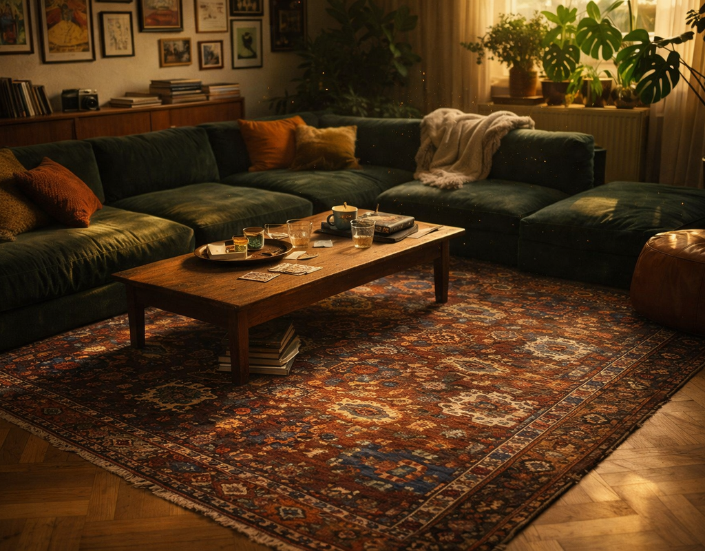 Cozy living room with a dark green sectional, wooden coffee table, and a large vintage oriental rug. By rugs on net